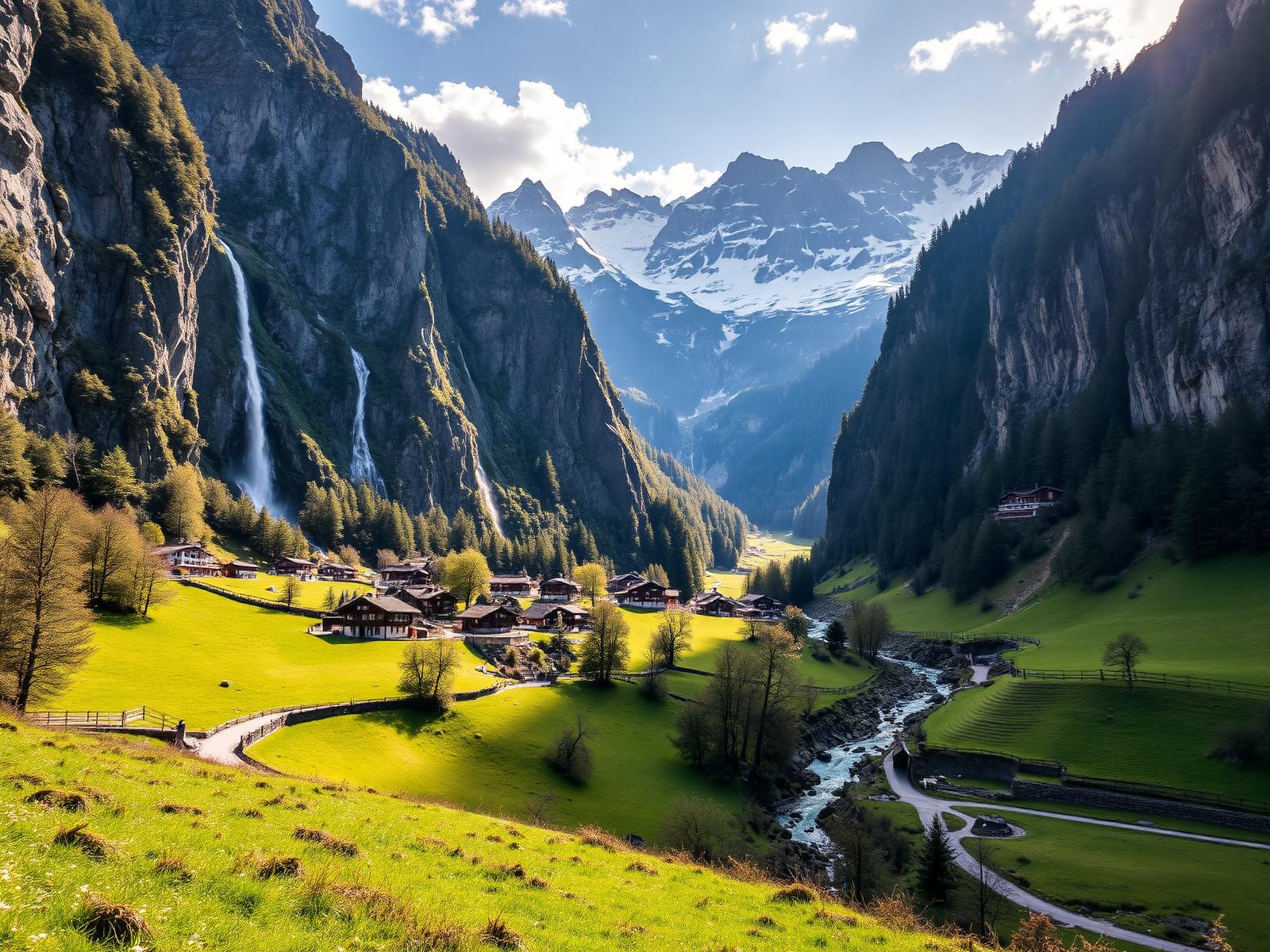 Lauterbrunnen valley with waterfalls