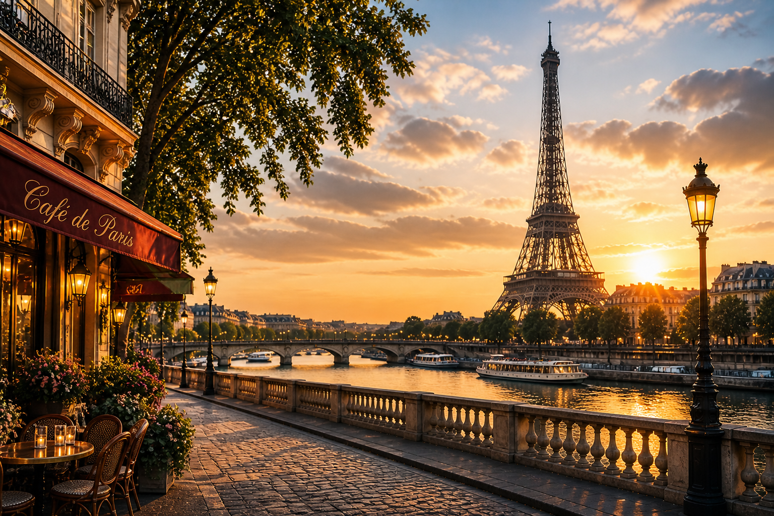Seine river and Eiffel Tower at golden sunset