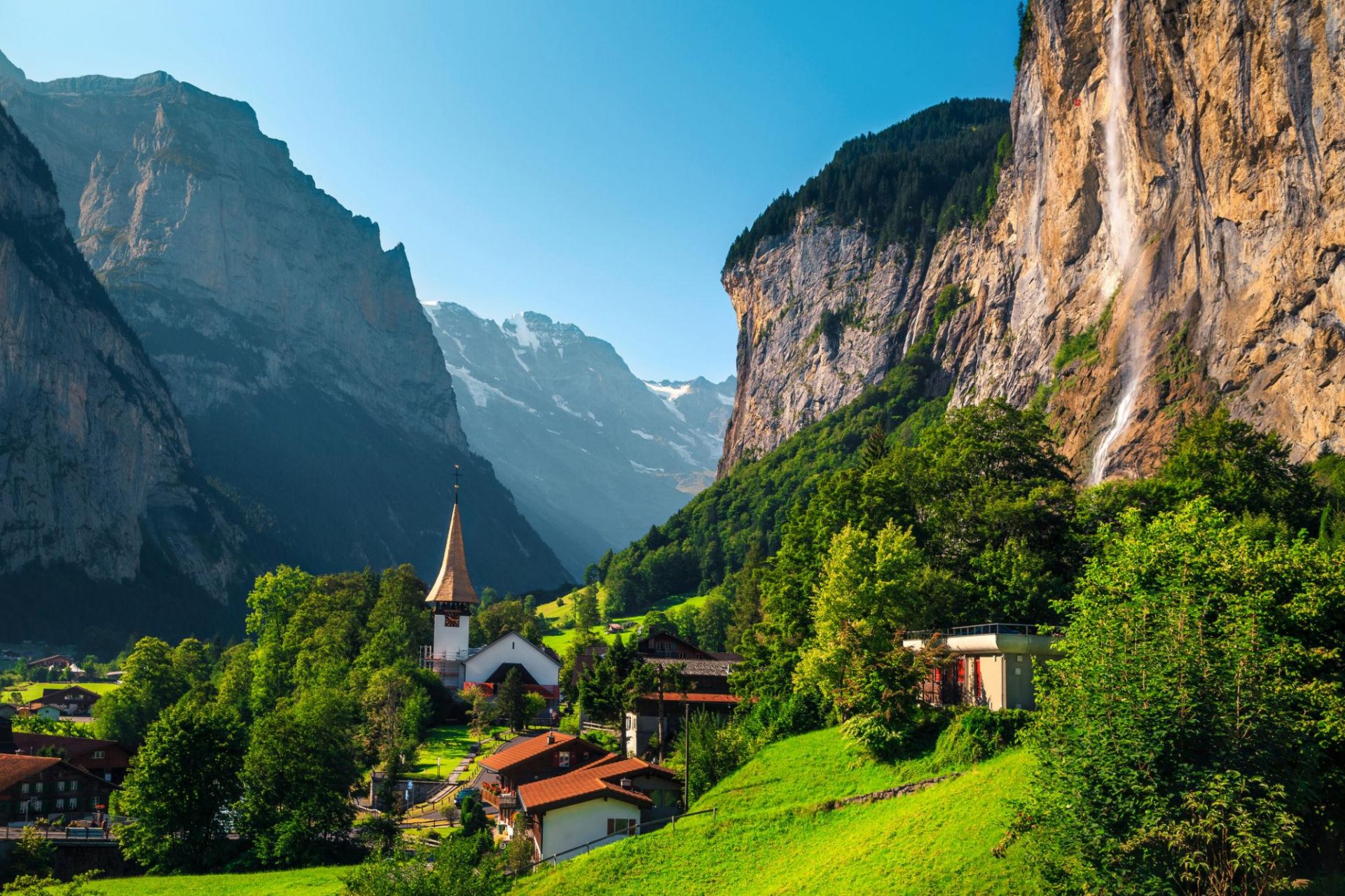 Lauterbrunnen valley with waterfall and church