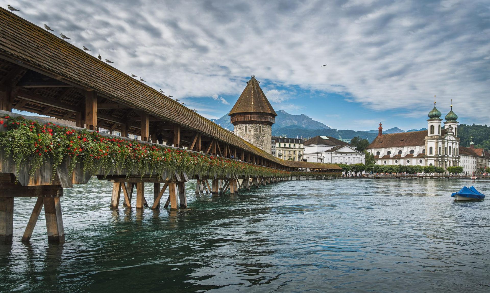 Lucerne Chapel Bridge with flowers